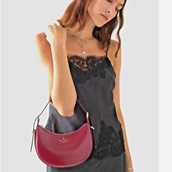 New Kate Spade Nova Textured Patent Leather Small Crescent Shoulder Bag Red Jam - Picture 2 of 4